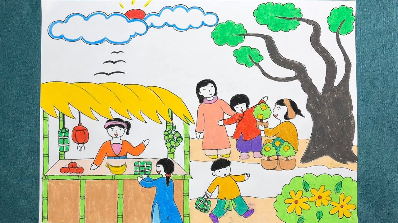 vẽ tranh chợ tết đơn giản