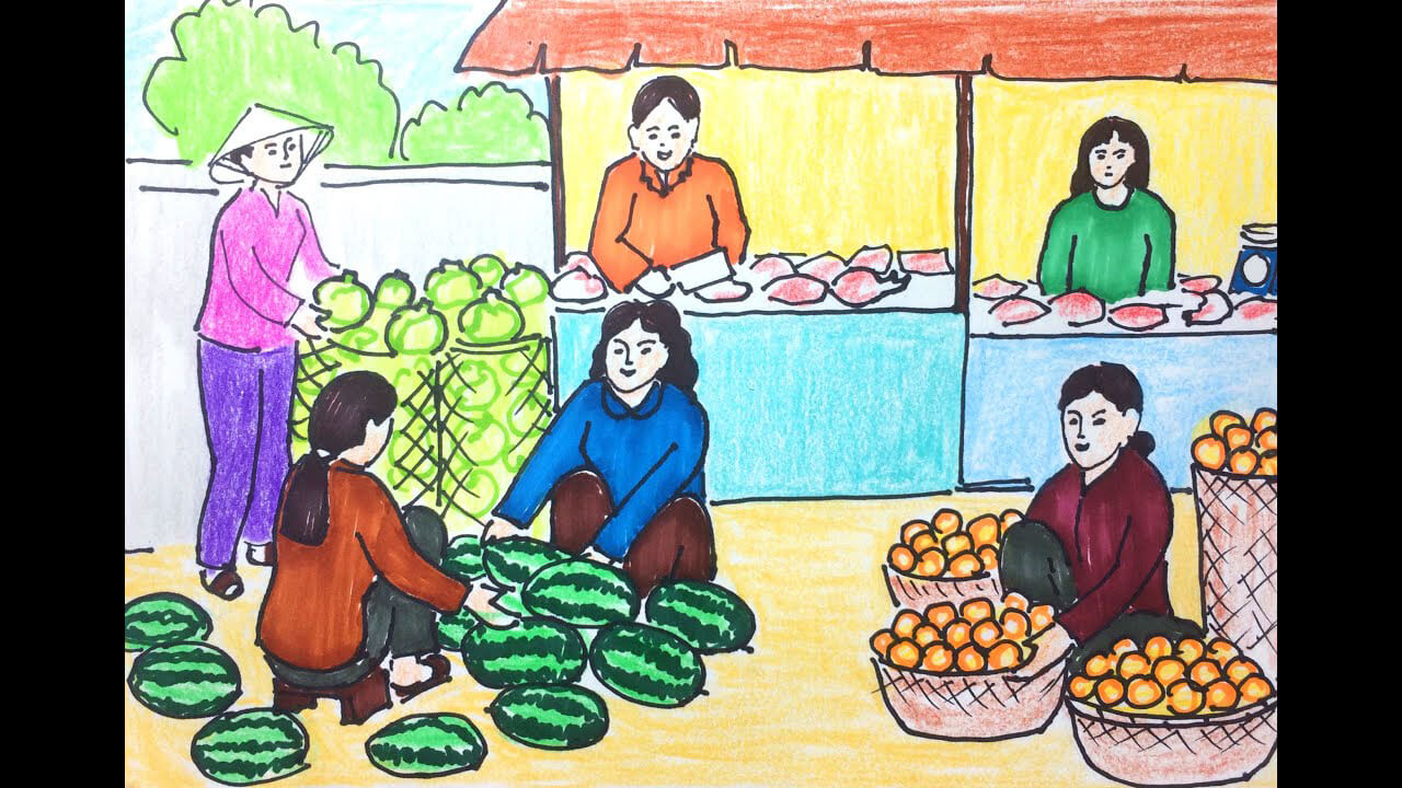 tranh vẽ chợ ngay cân tết